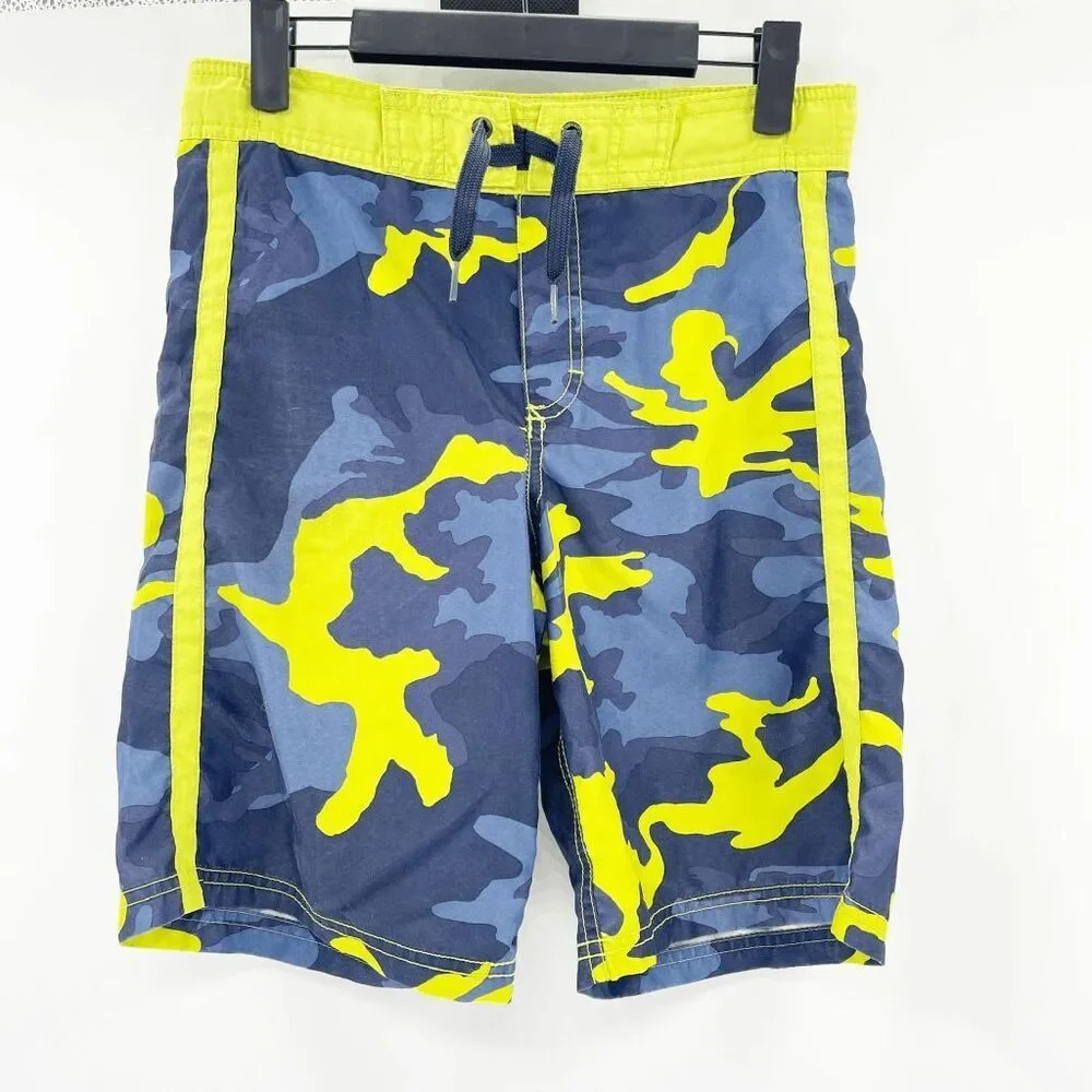 Old Navy Kids Boy's Board Shorts Size L Blue Neon Green Swim Drawstring Camo